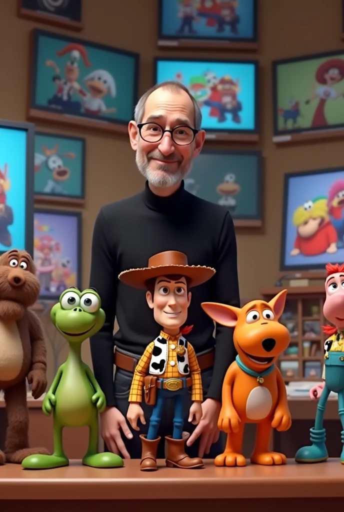 An animated scene showing the iconic characters from 'Toy Story,' with a proud Steve Jobs in the background, watching over them. The setting is the Pixar studio, with colorful animation cels and monitors showing various Pixar characters. The atmosphere is joyful and creative, celebrating the success of Pixar.