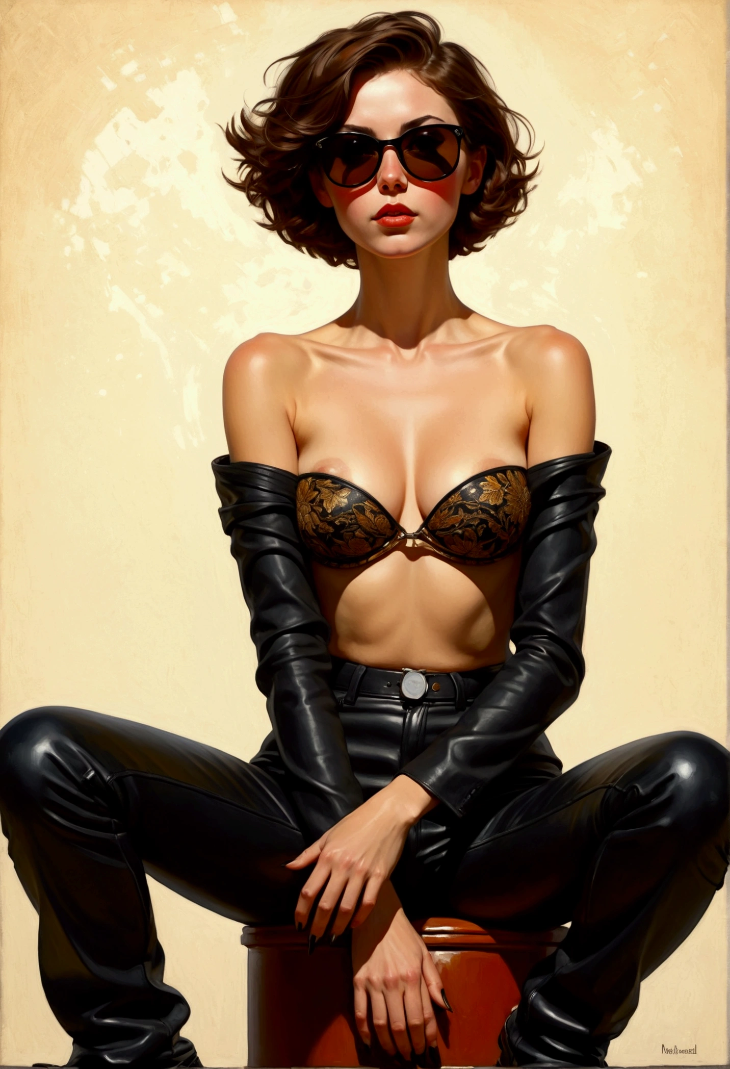 illustration peinture dans le style de Norman Rockwell d'a beautiful model with short brown hair topless and leather pants sunglasses black boots sitting legs wide open hands behind head