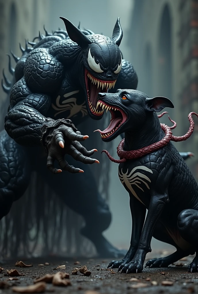  a  dangerous black dog, dog wear Venom's costume, dog open his mouth for biting  and Venom also standing beside the dog Venom hold dog collar in hands 