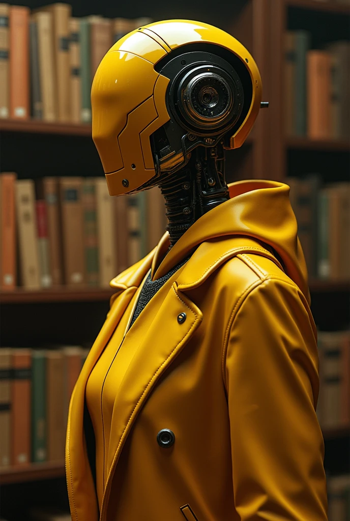 Robot Body, Female, Robot Mask, Librarian, Yellow and Brown Robot color, Use fist lighting, Female Hair, Librarin Clothes