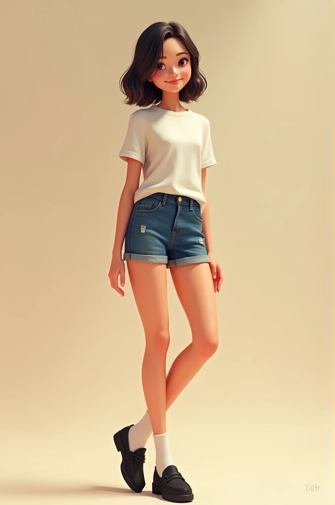 Female teenager wearing a t-shirt, mini skirt, white socks, and black loafers