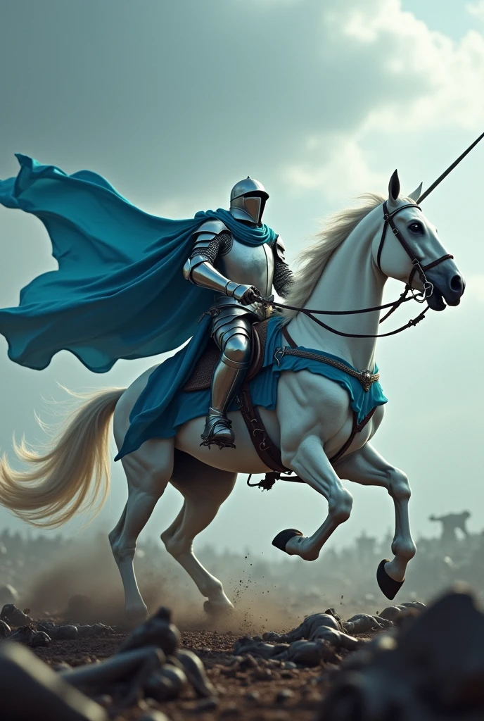 4K, fantasy knight in silver armor riding a white horse., in one hand a spear at the ready in the other hand a blue banner fluttering in the wind, against the backdrop of war (chaos), in the background lie decayed corpses, he jumps into the frame, dynamics, aggressive knight, the picture is scary, the knight radiates death