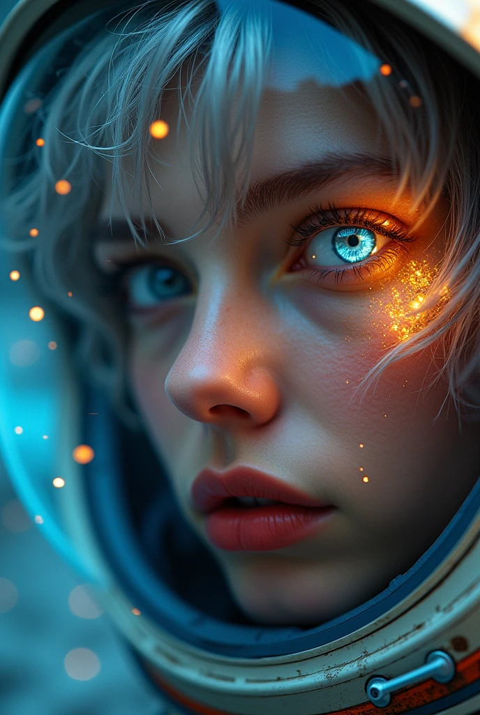 (Close-up of a better masterpiece:1.5)0.9], (Space and astronauts:1.2) (Messy silver hair:1.1) (Heterochromia xanthochromia and blue eyes:1.2) (Space Helmet:1.0) (Colored stars in the eyes:1.0) (A radiant glow:1.1) (thick lips:0.9)
