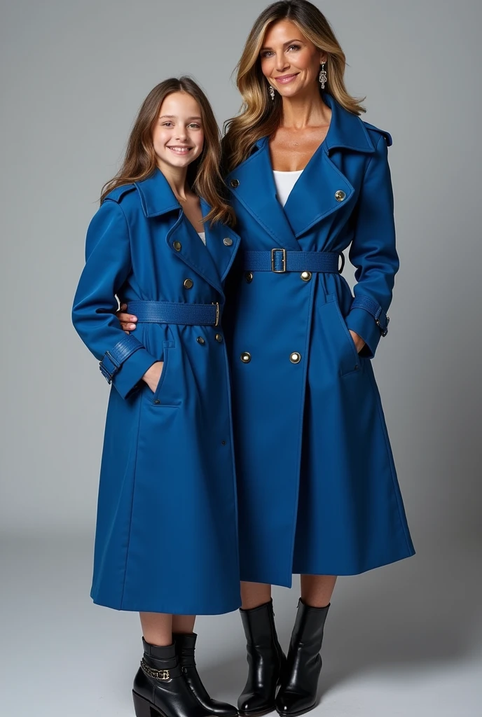 Heidi Klum and her 17 years old doughter in blue Trenchcoat with ear rings gloves and boots