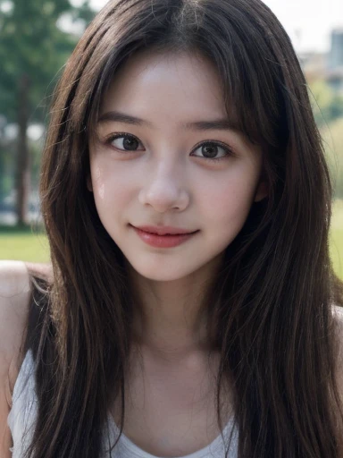 (8k,High resolution、masterpiece、High resolution、detailed、Highest quality、Surreal、RAW Photos)、student、One Woman、Baby Face、Young、Cute face、Real Skin、Long Hair、18-year-old、、Brown eyes、Black Hair、Various expressions、、A woman taking a photo, smile, Happy, Long Hair, Straight hair, Detailed skin, Daytime, Hot summer day, Natural light, detailedな顔:1.2, Sharp focus, Hasselblad Photography, masterpiece, light makeup, Cinema Lighting, 4K, Highest quality