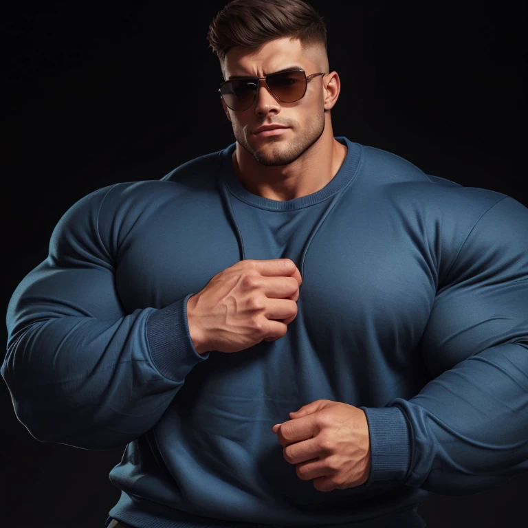 a very handsome young man, short hair, mid fade haircut, sunglasses, simple blue sweatshirt with long sleeves, exaggeratedly huge, exaggeratedly muscular, with exaggeratedly huge muscles, with exaggeratedly huge biceps, arms and shoulders, exaggeratedly huge and muscular body, with an exaggeratedly huge bulge, on a black background