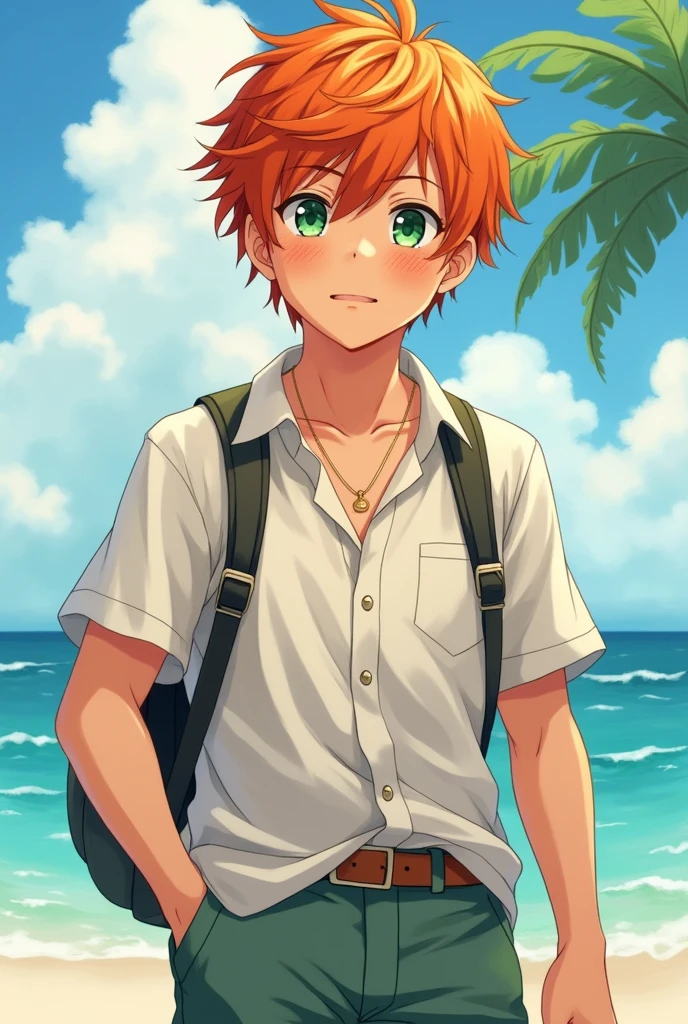 anime character, masculine, ginger hair, green eyes, Freckles on the cheeks, summer outfit