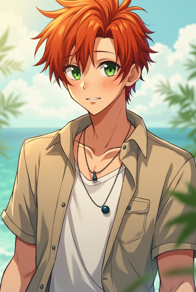 anime character, masculine, ginger hair, green eyes, Freckles on the cheeks, summer outfit