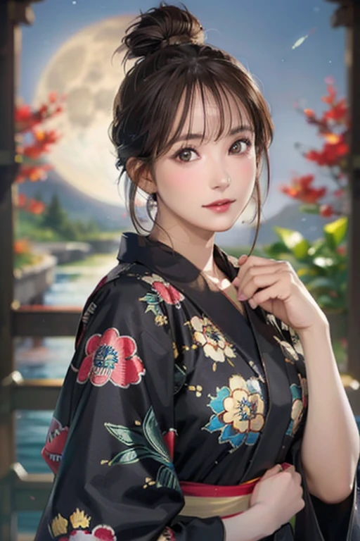 (Highest quality、 8k wallpaper、masterpiece、High resolution)、(whole body)、Beautiful girl in yukata、Brown-black bob、Traditional round topknot、Ample breasts、(Highly detailed face and eyes、Beautiful Face、Beautiful Eyes、Beautiful Nose、Pretty lips)、Japanese garden、Digital Art、Detailed Background、Full moon in the sky、moonlight、Detailed CG、 information