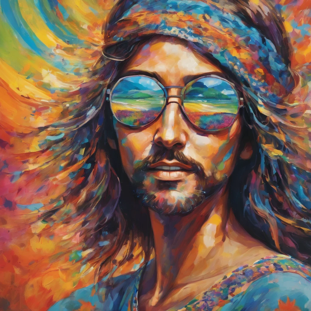 "Visualize an interpretation of the earth on one side of the face in hippie style. To capture its movement and energy in a unique way. Incorporate hippie-style colors to convey a sense of movement and excitement. Play with perspective and layering, to create a multidimensional composition, which questions traditional notions of space and form. Be inspired by the spirit of the hippie era and see nature in a fresh and innovative light.. Unleash your creativity, as you bring this imaginative scene to life on the screen 