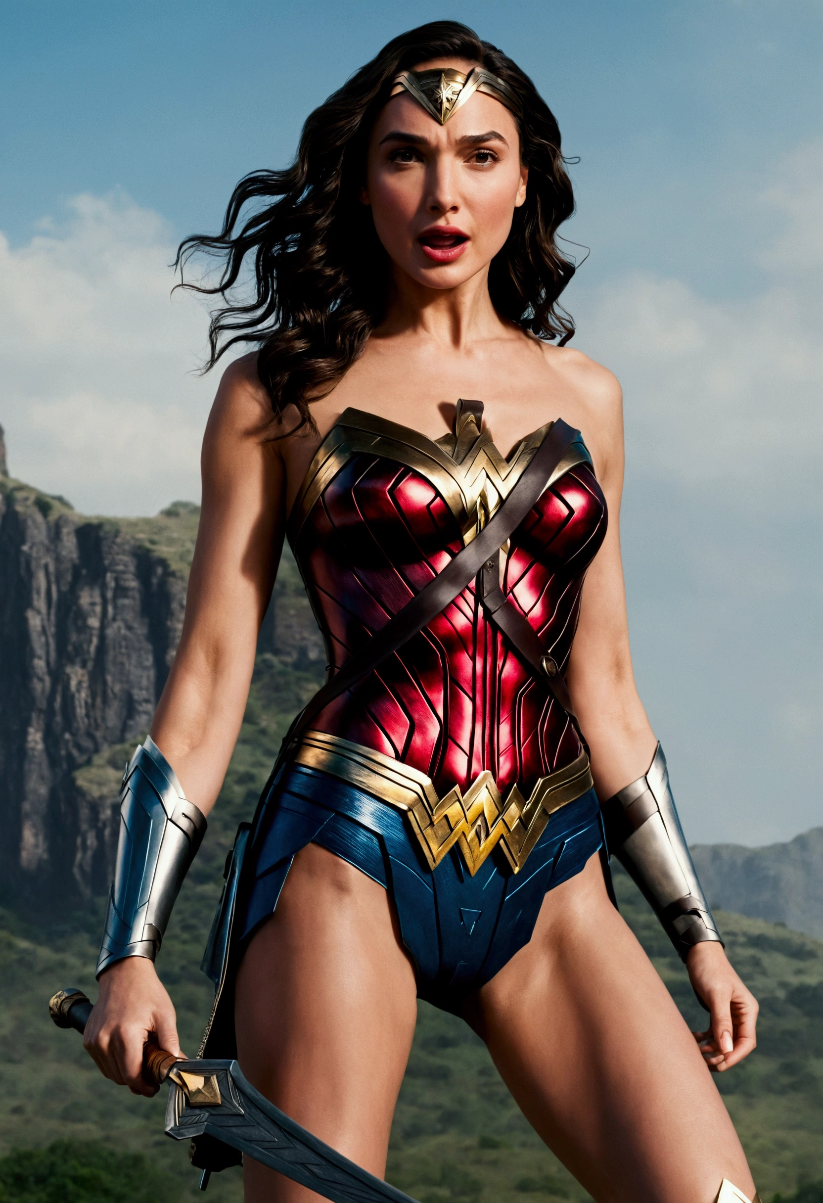 Gal Gadot, wonder woman suit, showing her , wide open legs, high herls
