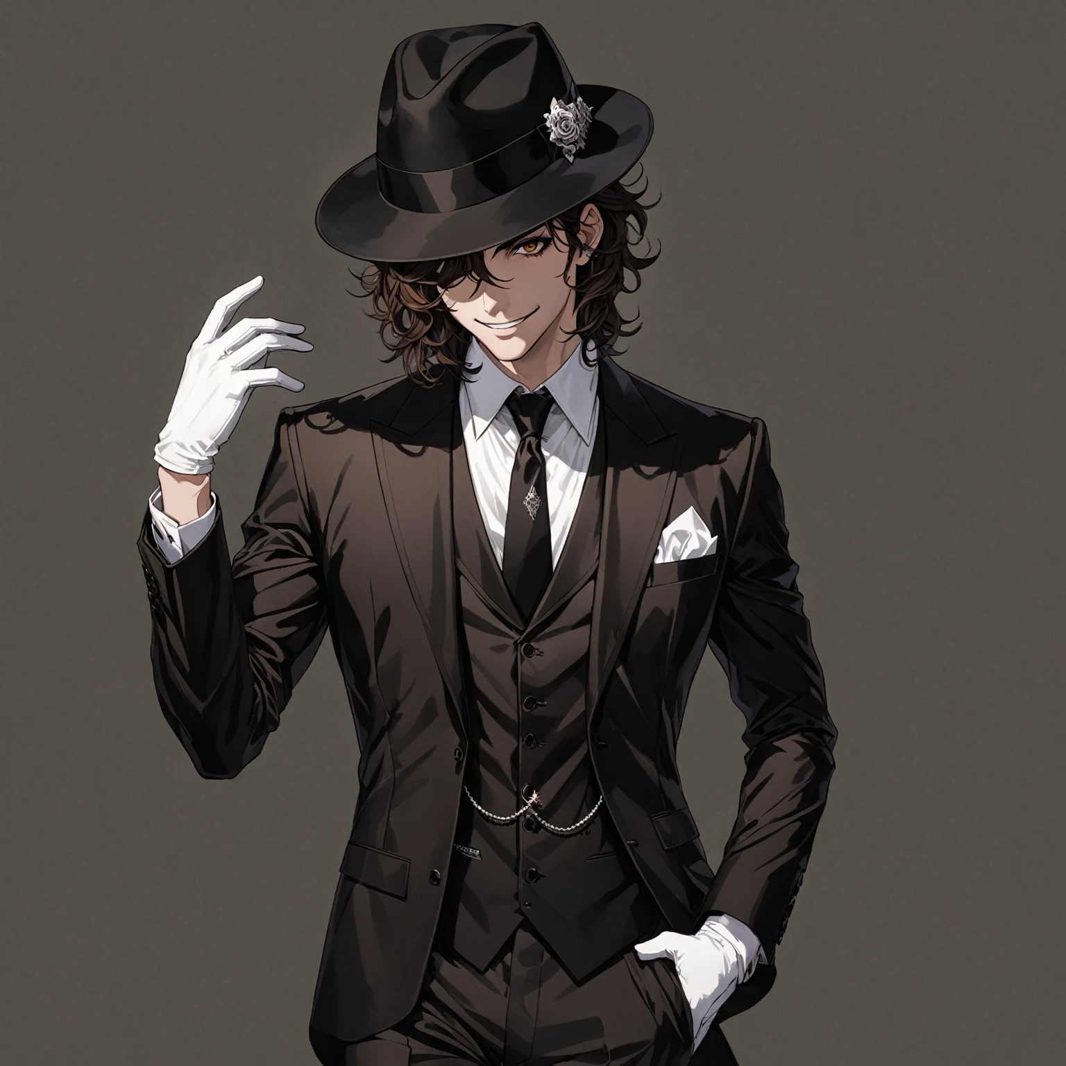 masterpiece, best quality, good quality, Highly detailed, shadowverse style, male, brown eyes, brown hair, modern aesthetic, evil smile, black formal suit with tie, white gloves, full body art, wear black fedora hat, solo, michael jackson style hair