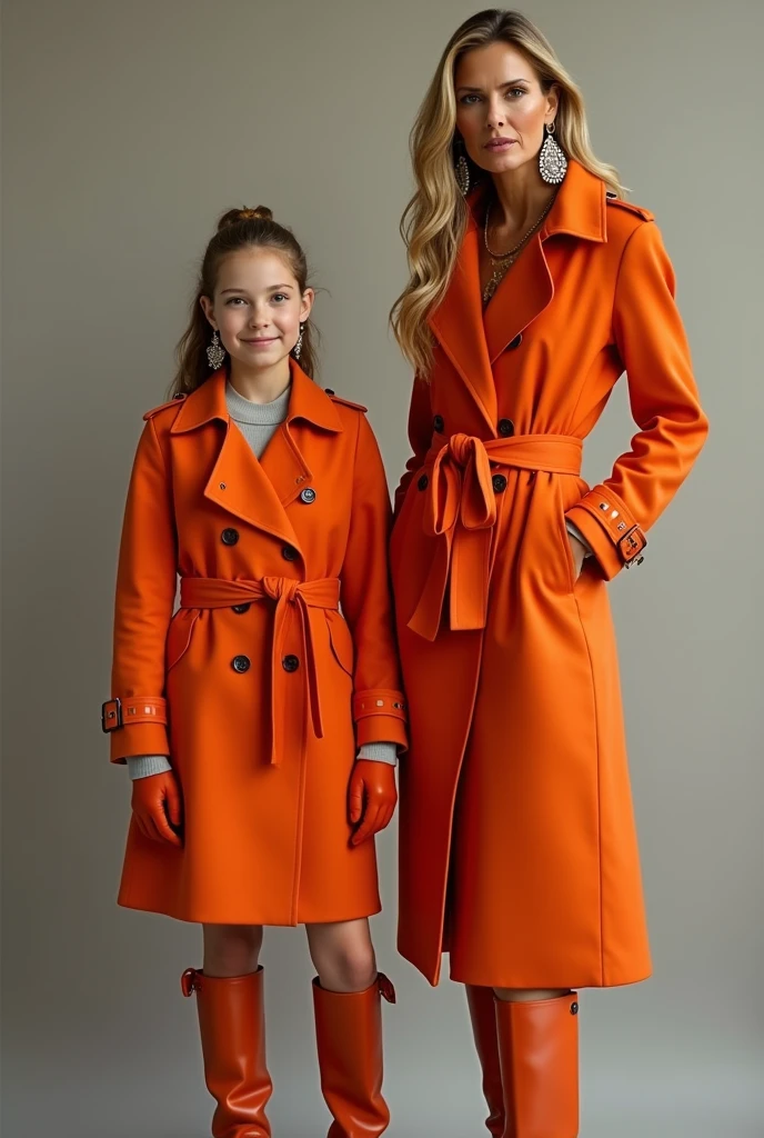 Heidi Klum and her 17 years old doughter in orange Trenchcoat with ear rings gloves and boots