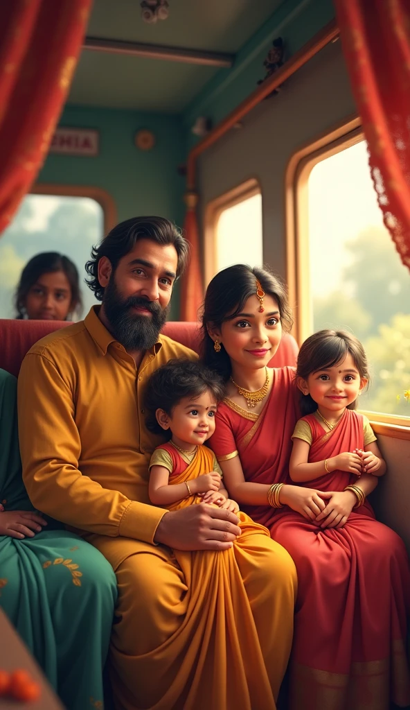 A Indian family " father, mother grand mother, sister, brother, and a baby" travel in a train sitting in a general bhogi seat , wearing a indian traditional dress, happy family, its luck like naturally