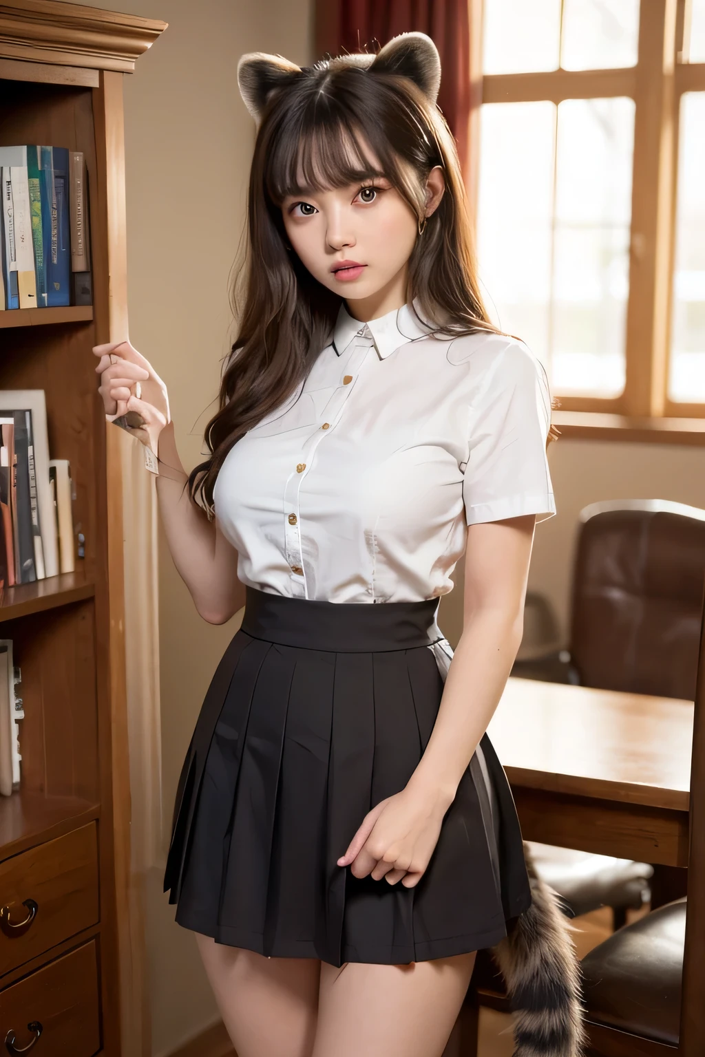 ((Highest quality, 8k)), ((masterpiece)), (Highest Resolution), Perfect Face, Woman with a raccoon tail, Female college student, Beautiful woman, public, ending, She has a thick tail, Big raccoon tail, She has a brown raccoon tail in her skirt., She wags her tail, Surprised face, she is wearing a short skirt, Beautiful Hips , Small breasts, The hem of the skirt is rolled up, Bushy Tail