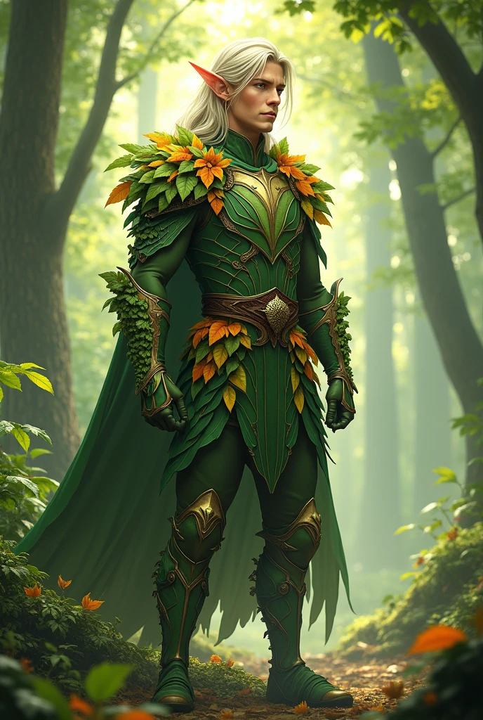 beautiful costume for a guy warrior elf made of leaves ,anime style