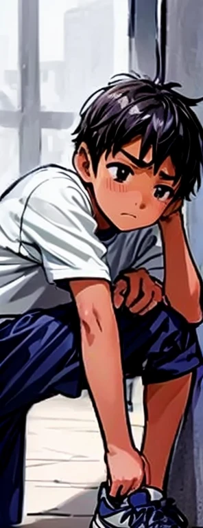 A boy in elementary school is bending over in his gym clothes with a sad expression on his face.。