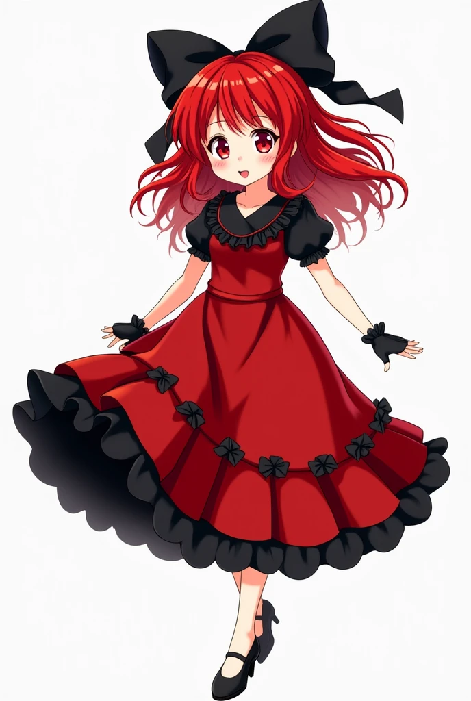 red hair,  red eyes, red ruffle dress, black trim on dress, black gloves and shoes, big black ribbon above head, wavy hair
