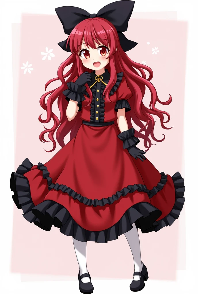 red hair,  red eyes, red ruffle dress, black trim on dress, black gloves and shoes, big black ribbon above head, wavy hair