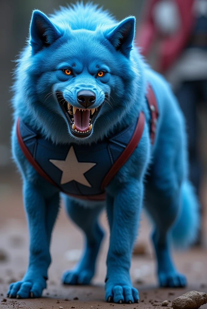 a dangerous skyblue dog, dog wear captain amarica's costume, dog open his mouth for biting and captain amarica also standing beside the dog captain amarica hold dog collar in hands