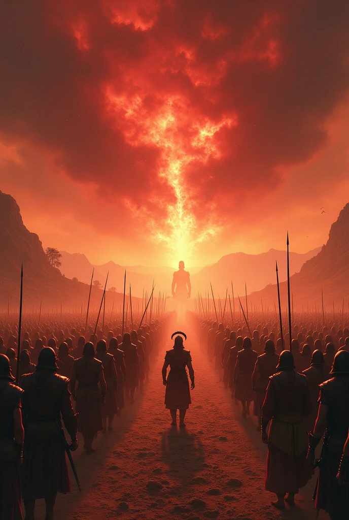 Kurukshetra:
"A dusty, barren landscape in Haryana, with the occasional tree or rock outcropping. In the distance, the Pandavas and Kauravas face off, their armies arrayed behind them. The sky is a deep crimson, with the hint of divine intervention in the air."