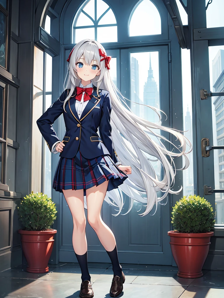 masterpiece, best quality, extremely detailed, anime, 1girl solo girl, straight long hair, silver hair, light blue eyes, school uniform, navy blazer, red bow tie, dark brown plaid skirt, pleated skirt, tights, loafers, long sleeves, slender, small breast, slimmer thighs, beautiful detailed face and eyes, calm, smile, tidy, standing figure, full body, no background