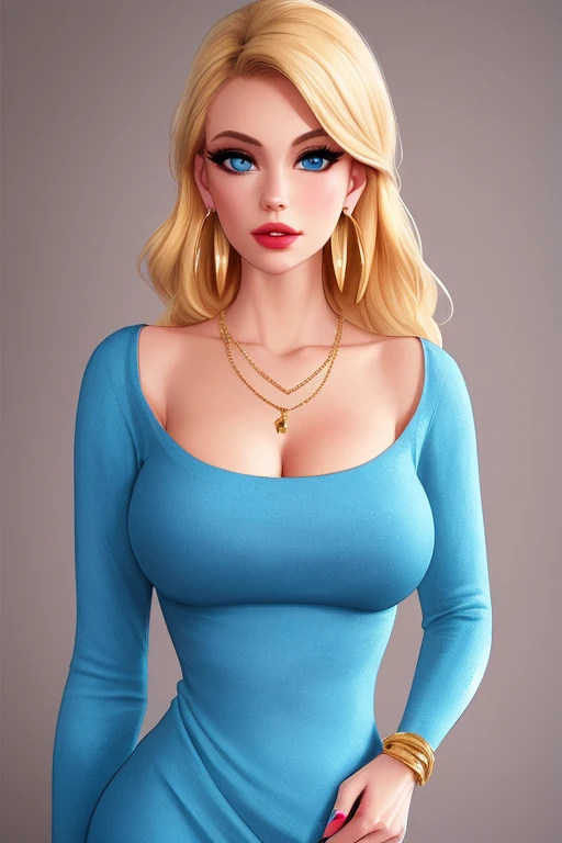 a very pretty woman standing, in a blue sweater and wings on her back, modest, with a blue dress and necklace, Artgerm, sots art, unreal 5, concept art, armlet, blonde_hair, blue_eyes, blurry, blurry_background, depth_of_field, earrings, gem, jewelry, looking_at_viewer, medium_breasts, realistic, solo, upper_body, wings, abbe bi style, [cartoon, vector art, anime :realistic, real life, hyper realistic:0.15],