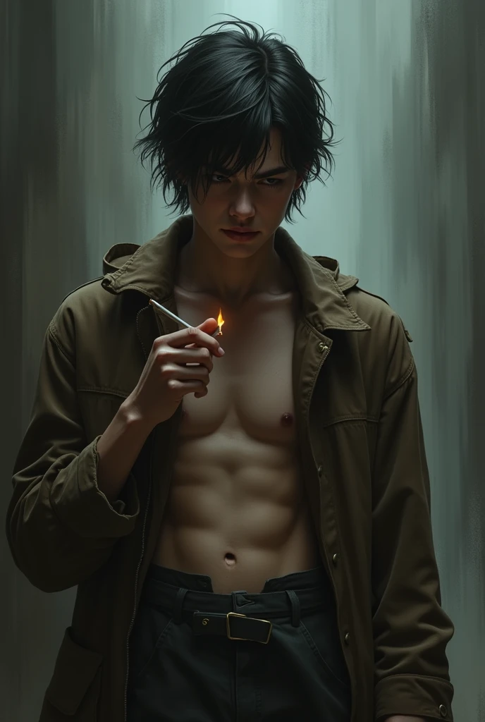 A male ager in his 20s, with a fierce face, wearing a brown colored coat. Standing and smoking a cigarette, pale skin showing all over his body.