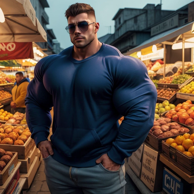 brutalmass, a very handsome young man, short hair, mid fade haircut, sunglasses, simple blue sweatshirt with long sleeves, exaggeratedly huge, exaggeratedly muscular, with exaggeratedly huge muscles, with exaggeratedly huge biceps, arms and shoulders, exaggeratedly huge and muscular body, with an exaggeratedly huge bulge, hands in pockets, in a market, at night