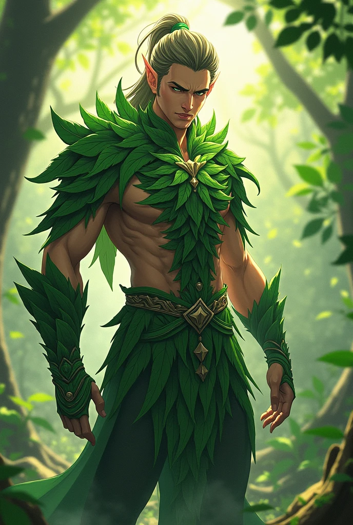 Cute male fairy with green and gold details, large wings, forest in the background, vibrant colors, lush light, soft light, sunset light, smooth light, symmetrical, full body --auto --s2