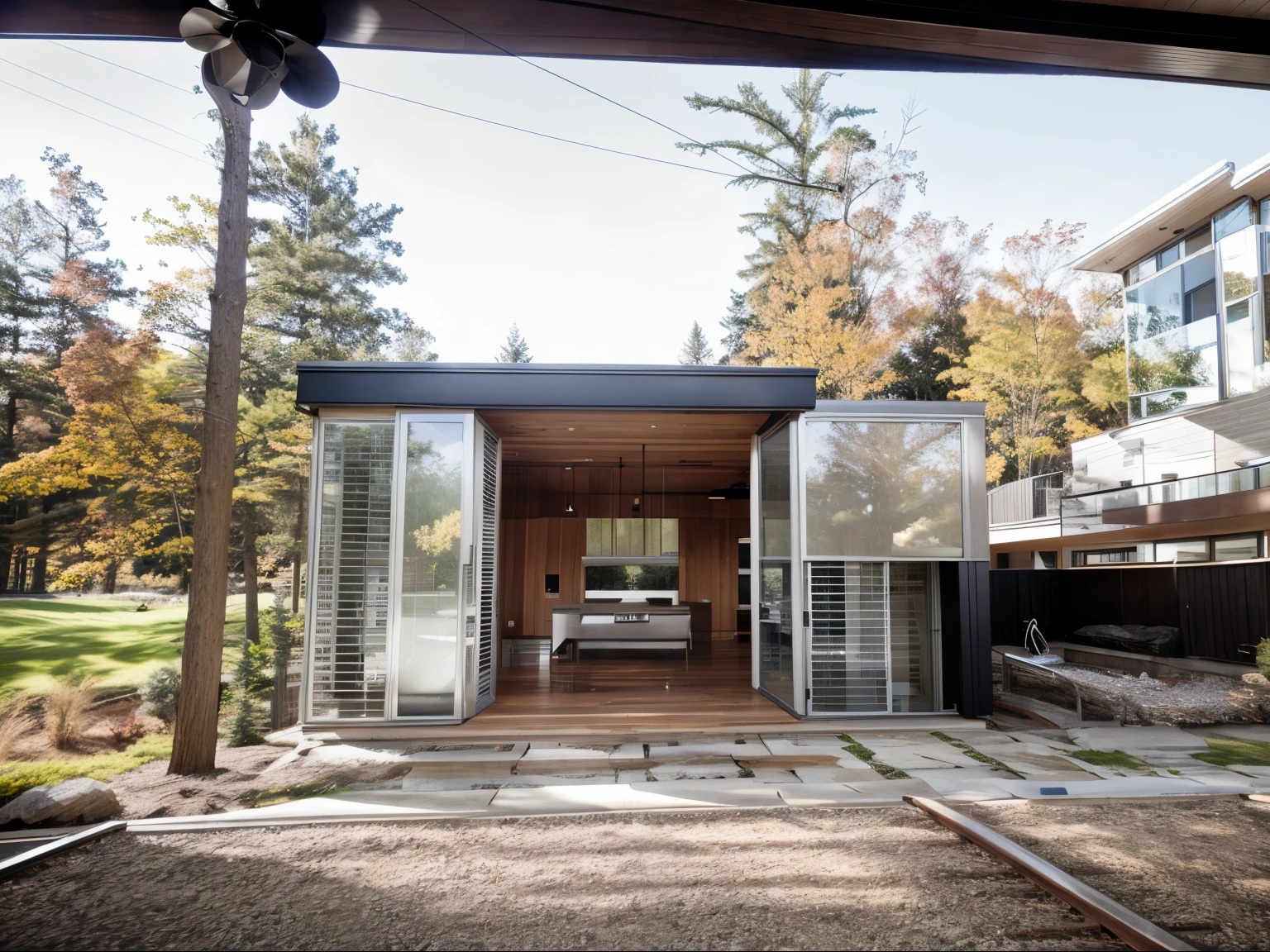house exterior contemporary style, modernism, glass doors and windows,black metal rail, conwood ceilling, masterpiece, highquality, realistic photo, canon eos 5D mark, natural light,