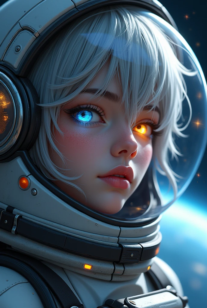 (half body shot of a better masterpiece:1.5)0.9], (Space and astronauts:1.2) (Messy silver hair:1.1) (Heterochromia xanthochromia and blue eyes:1.2) (Space Helmet:1.0) (Colored stars in the eyes:1.0) (A radiant glow:1.1) (thick lips:0.9)