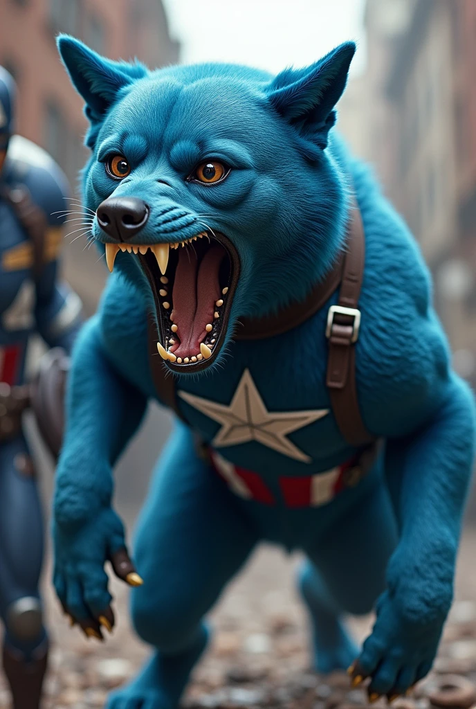  a  dangerous skyblue dog, dog wear captain amarica's costume, dog open his mouth for biting  and captain amarica also standing beside the dog captain amarica hold dog collar in hands 