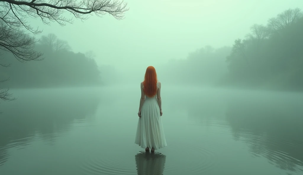 Generate a scene of a lake, misty, early morning, overcast skies, and a Lady in white dress standing in ankle deep water.
Keep the color grade greenish.
Put the camera at the back of the lady.
Her hair is slightly orangish.
Put some branches coming into the frame from the top left corner and put the lady on the right side of the frame.