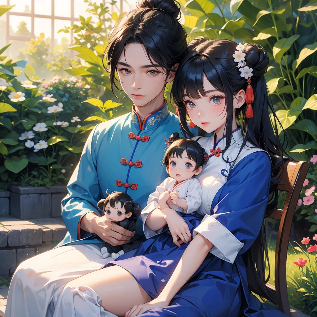 Chibi girl, A cute chibi girl with two buns, wearing a blue ancient Chinese dress, sitting on her big brother's lap, with long, loose, black hair, handsome in a white ancient Chinese dress, in the garden, sunlight on her face, bright face, sunrise, close-up.