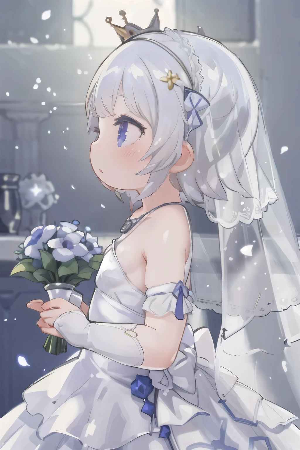 (masterpiece, Highest quality:1.3)
Luna FF, One girl, alone, short hair, gloves, dress, Holding, Exposing shoulders, jewelry, Braiding, flower, necklace, white dress, From the side, Veil, Bridal Gauntlet, flower束, wedding dress, Realistic, crown Braiding, bridal Veil, flower嫁