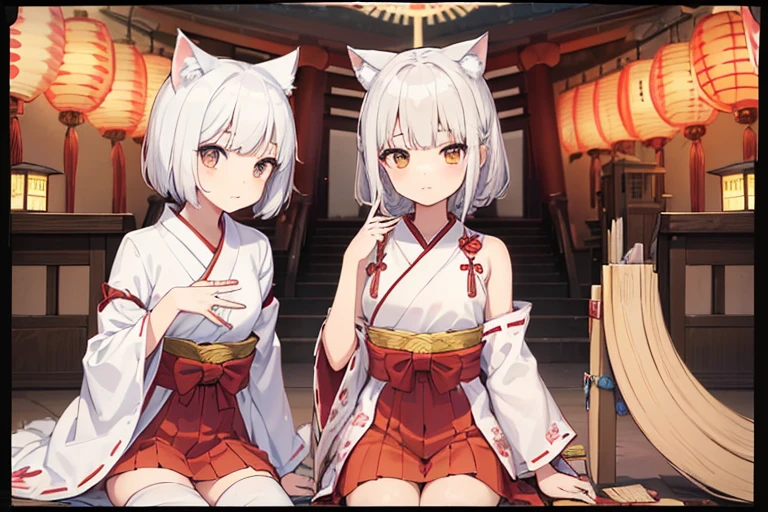 (Printed Polaroid Photo\(2females および2人の女の子 cute,cute Five fingers Five fingers Small wolf ears Small wolf ears White Shorthair Brown short hair Petite Petite Normal chest Normal chest first round first round sit sit Shrine maiden Shrine maiden The background is fireworks