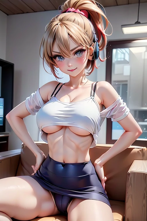 (ultra realistic, girl, short purple hair , angry  smile  , headphones, sitting, slumped in an armchair, in a futuristic cabin, surrounded by monitors, and olographic screens , view from above, green lights, flat chest, -adolescent. She looks with smug ,  bra , mini-skirt, visible panties. open legs, 1girl, intricate details, light brown hair, tight shirt, bigbreast, 3-braided hair, visible shoulder, midriff, sitting on a couch, hands on hip, light blush, windows, indoors, (masterpiece:1.2), (best quality:1.2), (ultra-detailed:1.2), (detailed eyes:1.2), shine colorful, AddXL, masterpiece, best quality, ultra-detailed, illustration, beautiful detailed eyes, 1girl, detailed scenery, socks over pantyhose, ponytail hair, sunset, big eyes, bow, underboob shirtskirt, shirtskirt, ((masterpiece, best quality1.5)), ((masterpiece1.5)), ((best quality1.5)), (ultra-detailed1.5), highly detailed, brown, bigbreasts,  ponytail hair, hair between eyes, hair ribbon, croptop shirt, visible shoulder, light blush, wind blows, socks, highleg, on a table, masterpiece, ((best quality)), ultra-detailed, illustration, beautiful detailed eyes, 1girl, detailed scenery, tropical island, sunny, ((camisole)), off shoulder, blush, embarrassed, crop shirt underboob, crop top, crop topunderboob, underboob, winter clothes, short sleeves, short hair, 1girl, light particles, more prism, vibrant color, crop shirt underboob, crop top, crop topunderboob, underboob, masterpiece, best quality, ultra-detailed, illustration, beautiful detailed eyes, 1girl, cute, detailed scenery, dark bar background, platinum red hair, braided ponytail, red camisole, d-cup chest, underboob, shirt, chichibukuro, 