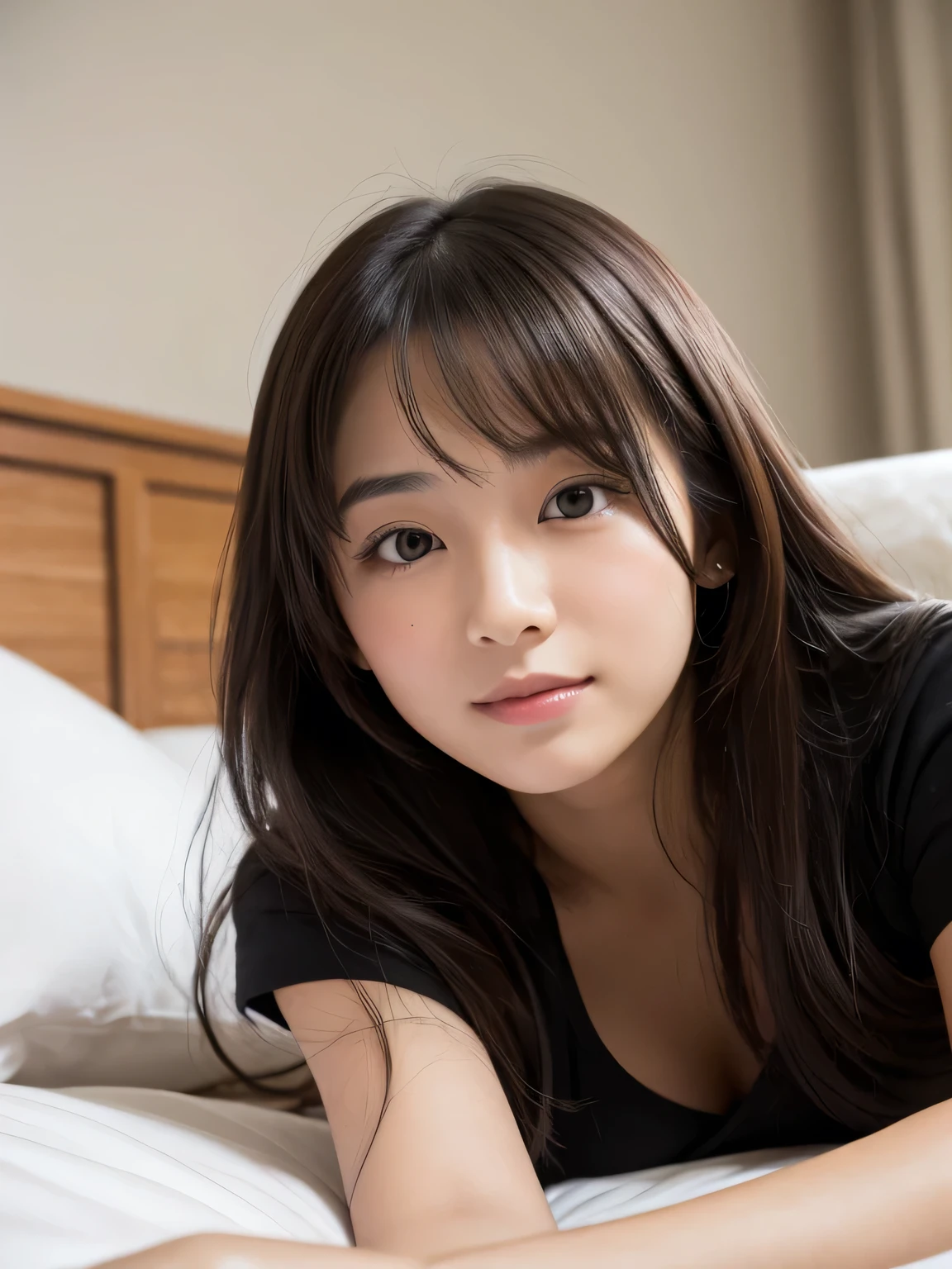 A young woman lying on the bed、Look at me with a relaxed expression、He&#39;s wearing a blue jacket。light penetrates softly、It gives beautiful highlights to her skin.。Her hair hangs naturally on her shoulders、The overall atmosphere is very calm.。This scene exudes ease and familiarity.。
