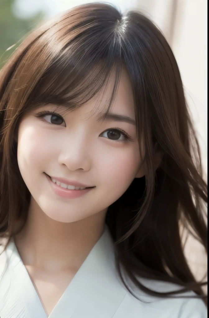 best quality, face focus, soft light, ultra high res, (photorealistic:1.4), RAW photo,(Shinozaki Ai), white skin, kawaii, 1 Japanese girl, solo, cute, (smile), (pupil, lights in the eyes),  detailed beautiful face, Medium-sized breasts,(high resolution detail of human skin texture),(long hair),(portrait), upper body, white traditional kimono,