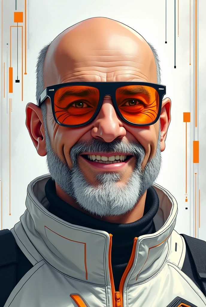 A smiling, bald cyberpunk with a greying beard, orange sunglasses pulled up over his head, dressed in a white outfit with black and orange details, against a background of abstract shapes and lines suggesting advanced technology or a virtual environment. The colour palette is mainly composed of whites, blacks, greys and touches of orange.
