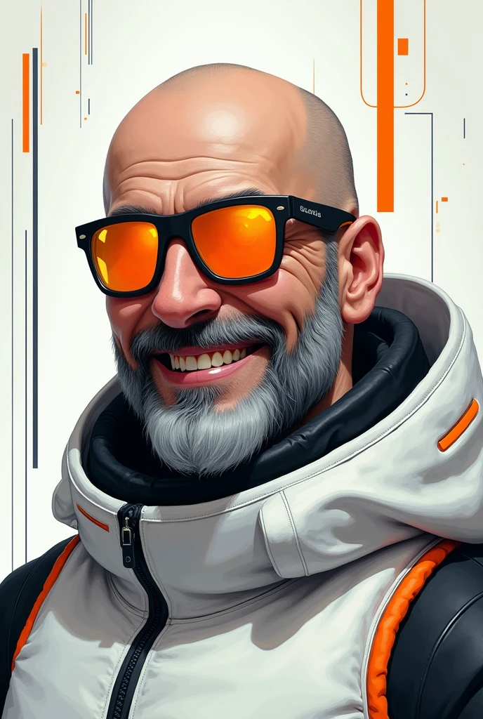 A smiling, bald cyberpunk with a greying beard, orange sunglasses pulled up over his head, dressed in a white outfit with black and orange details, against a background of abstract shapes and lines suggesting advanced technology or a virtual environment. The colour palette is mainly composed of whites, blacks, greys and touches of orange.