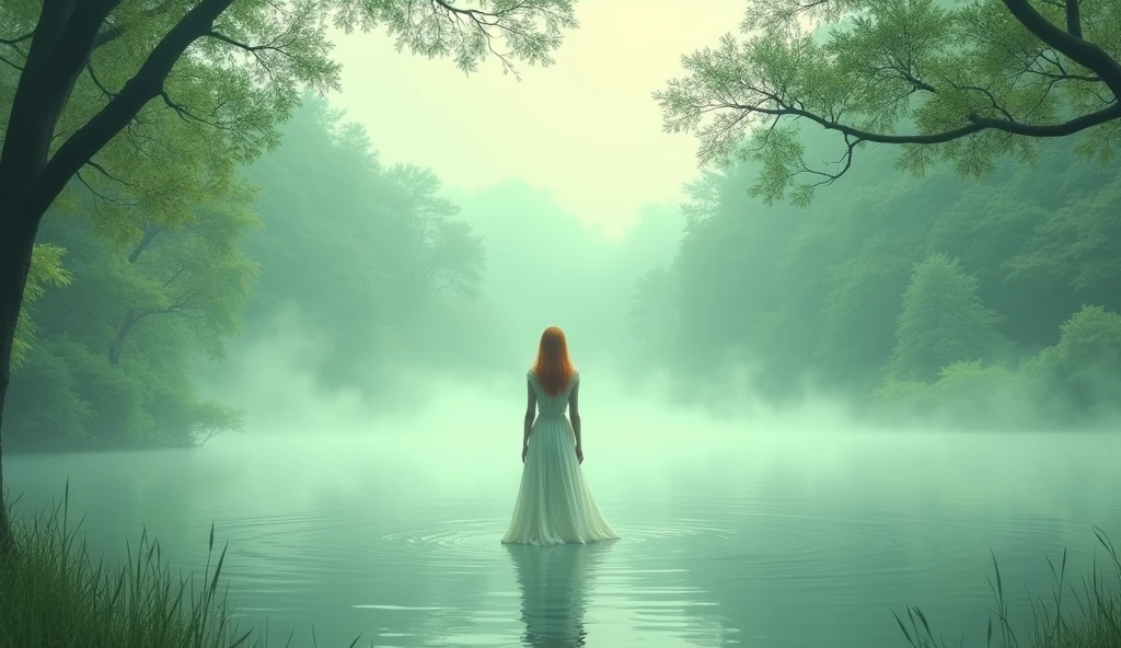 Generate a scene of a lake, misty, early morning, overcast skies, and a Lady in white dress standing in ankle deep water.
Keep the color grade greenish.
Put the camera at the back of the lady.
Her hair is slightly orangish.
Put some branches coming into the frame from the top left corner and put the lady on the far right side of the frame.