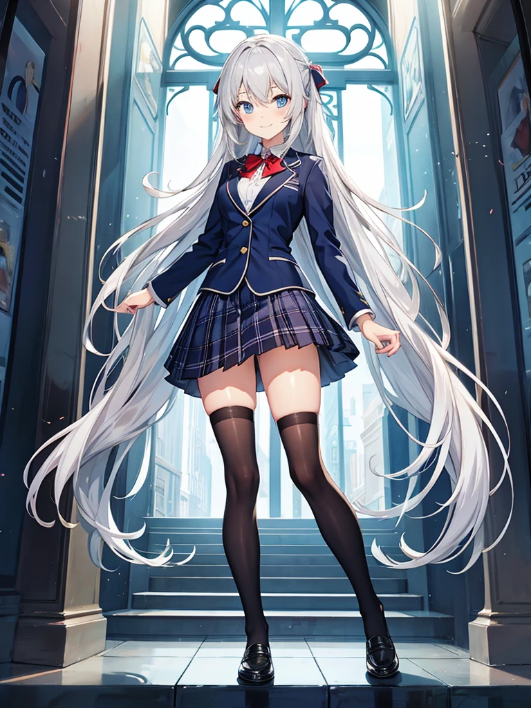 masterpiece, best quality, extremely detailed, anime, 1girl solo girl, straight long hair, silver hair, light blue eyes, school uniform, navy blazer, red bow tie, dark brown plaid skirt, pleated skirt, tights, loafers, long sleeves, slender, small breast, slimmer thighs, beautiful detailed face and eyes, calm, smile, tidy, standing figure, full body, no background