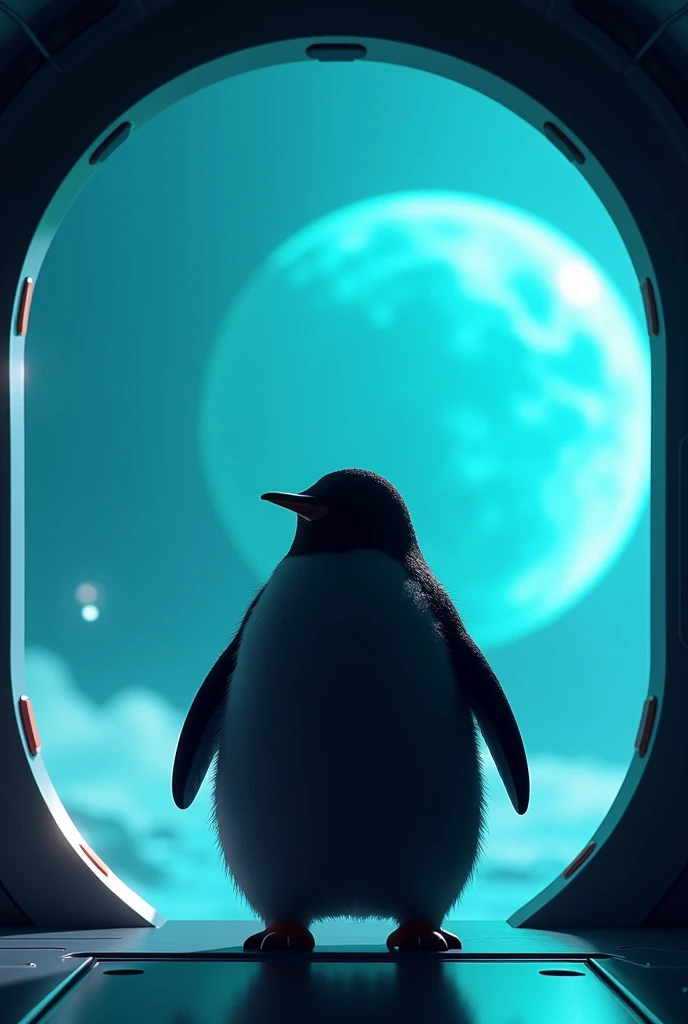 Silhouette of a chubby penguin inside a ship leaving a futuristic blue planet