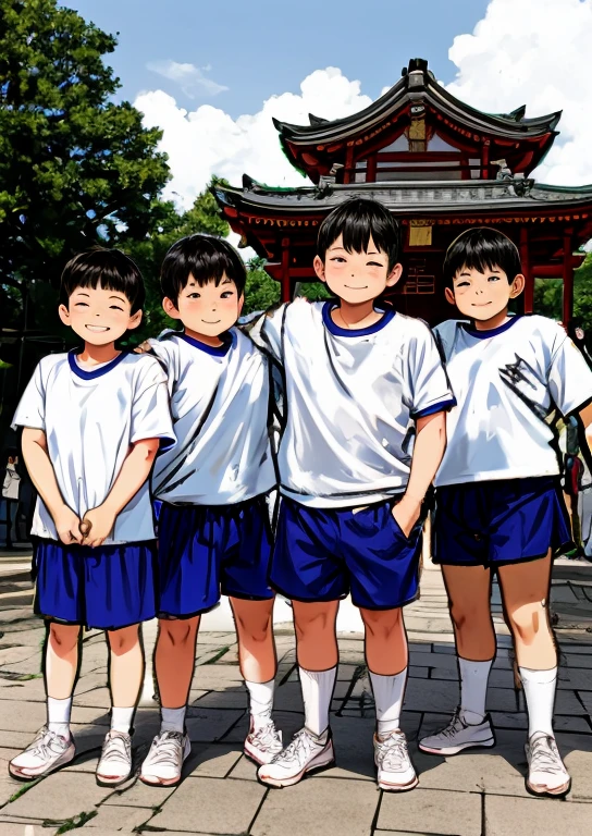 A group of chubby, ugly elementary school boys are standing smiling in the square in front of the shrine wearing gym clothes and shorts.。