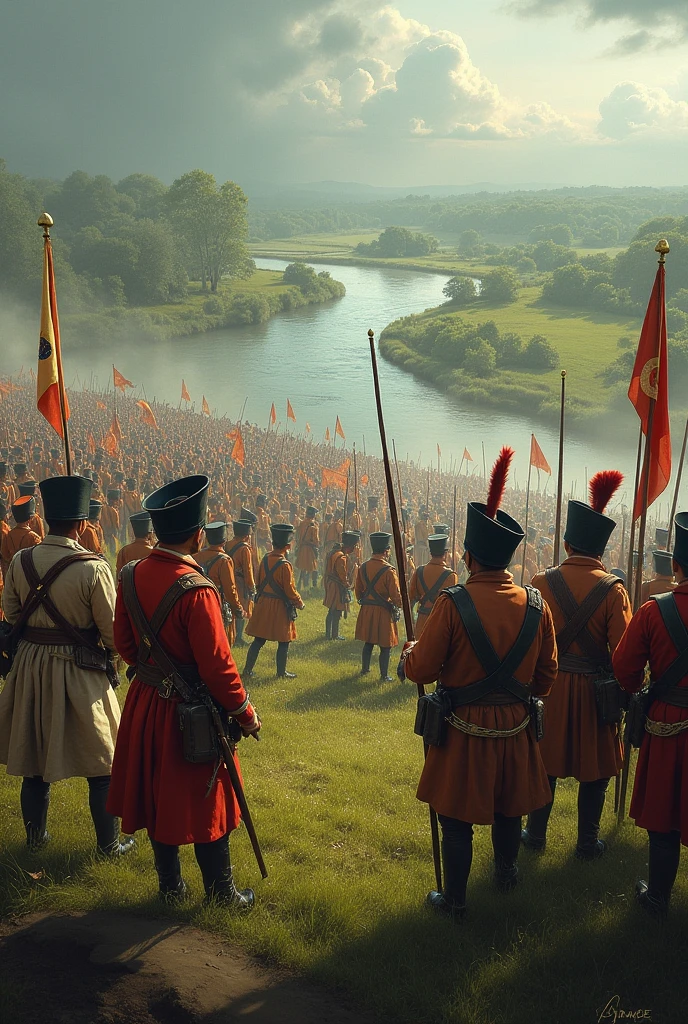 Plassey:
"A lush, green landscape in West Bengal, with the Ganges River winding its way through the background. In the foreground, Robert Clive's British East India Company forces face off against Siraj-ud-Daula's Bengal army, with the hint of treachery and deceit in the air."