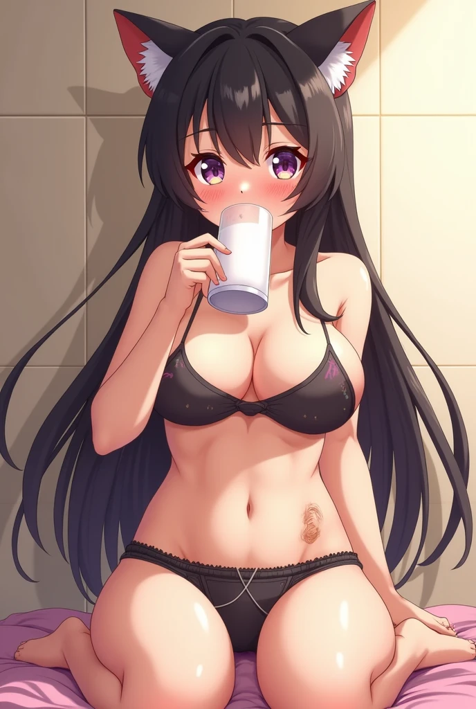 Cat girl with breasts bigger than her head drinking milk in a lewd manner in her underwear with her face flushed with sweat that marks her breasts and vagina on her underwear (i love hentai anime)