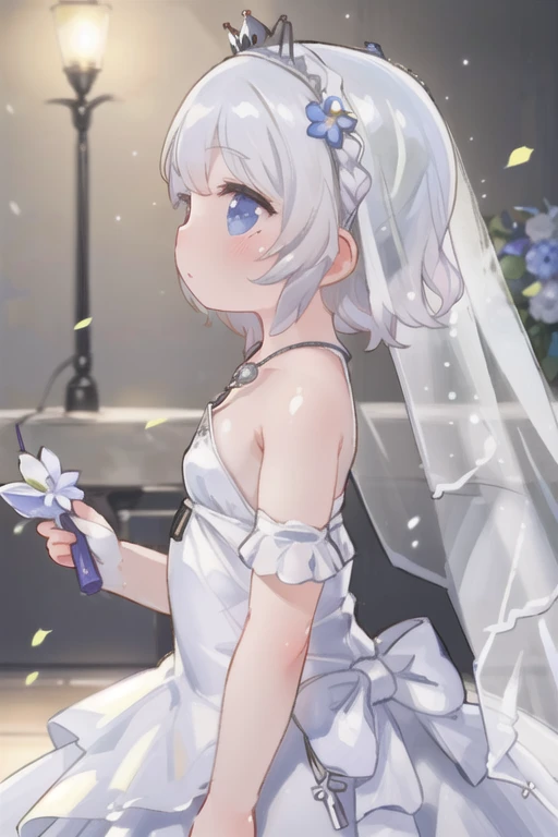 (masterpiece, Highest quality:1.3)，One Girl, alone, short hair, gloves, dress, Holding, Exposing shoulders, jewelry, Braiding, flower, necklace, white dress, From the side, Veil, Bridal Gauntlet, flower束, wedding dress, Realistic, crown Braiding, bridal Veil, flower嫁