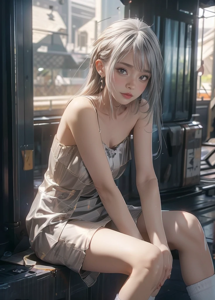 masterpiece,Game Art,Best picture quality,Maximum resolution,8k,(Upper Body),Unreal Engine 5 rendering works,(Digital Photography),(The girl looks at you lovingly,The smile is beautiful),Short hair details,(The eyes are very delicate),(With long gray hair:1.4),(Perfect body),(Bright dress,Black high heels,White cotton socks),(background:roof),light,night,Ray Tracing,RAW photos,((3D Unreal Engine)),OC rendering reflection mode